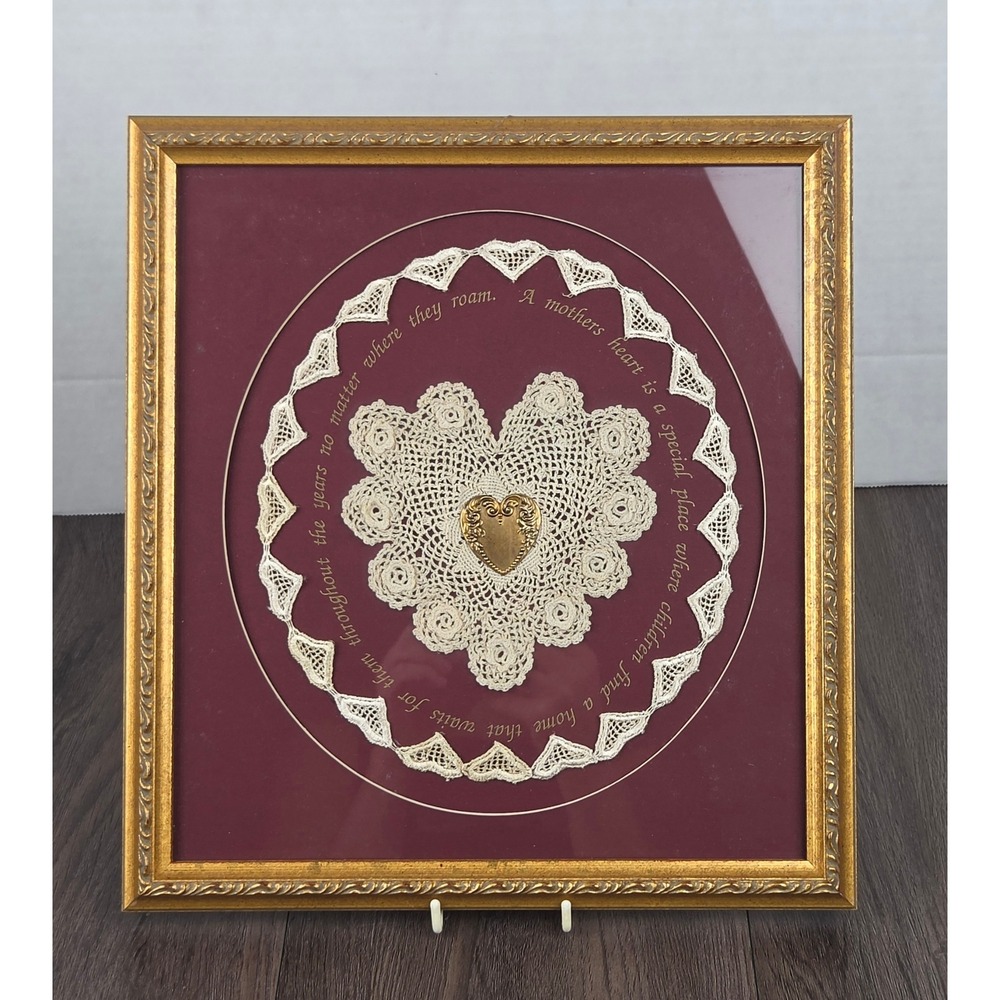 Vintage 1980s Cottagecore Lace Heart Mother Poem Framed Wall Art Gold 11x11